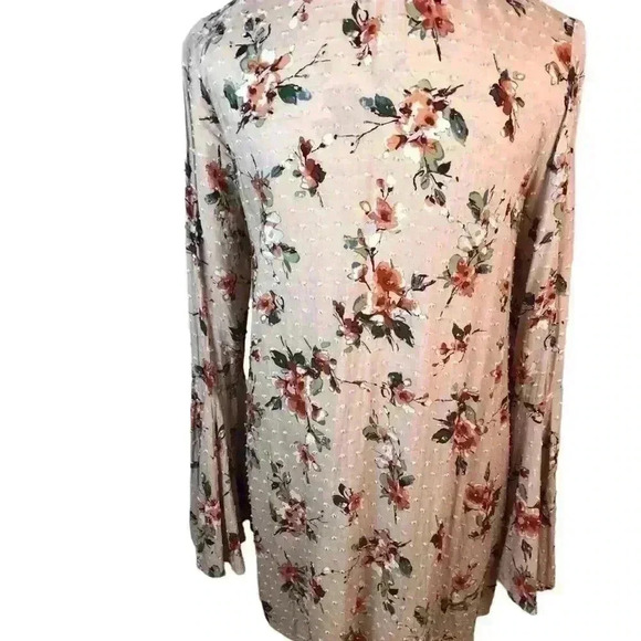 En Creme Women’s Small Dusty Pink Floral Swiss Dot Blouse Tie Front Bell L/S - Picture 2 of 8